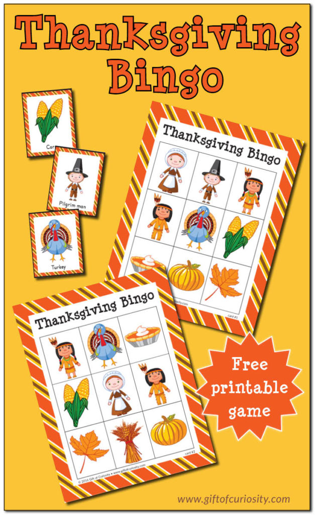 Little ones will have fun with this printable Thanksgiving themed BINGO set after dinner! :: www.thriftyhomeschoolers.com