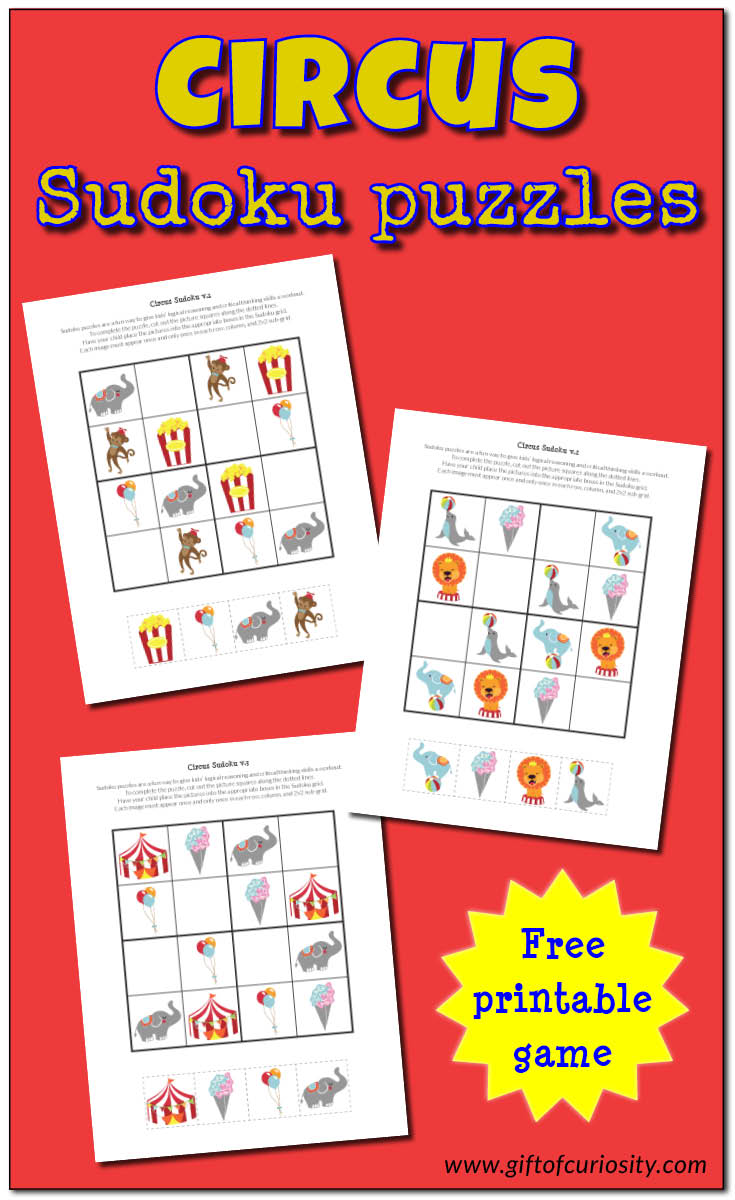 Sudoku puzzles are a great way to help work on logic and deductive reasoning skills. These free printable Circus themed Sudoku puzzles, is a great activity before you go to the circus or added to a circus unit study! :: www.thriftyhomeschoolers.com